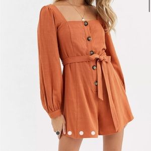 ASOS button front tie waist puff sleeve romper with long sleeves